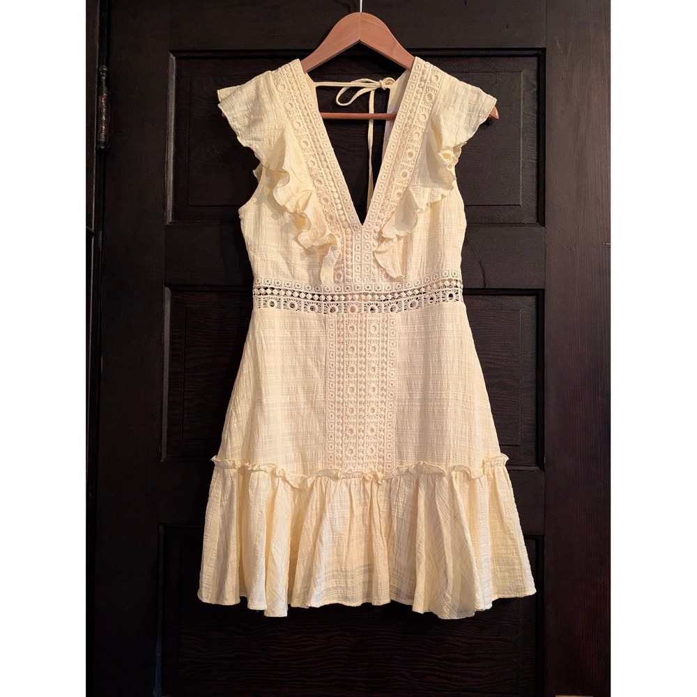 Audrey Parks Francescas Yellow Eyelet Lace Ruffle Mini Dress Small Sleeveless